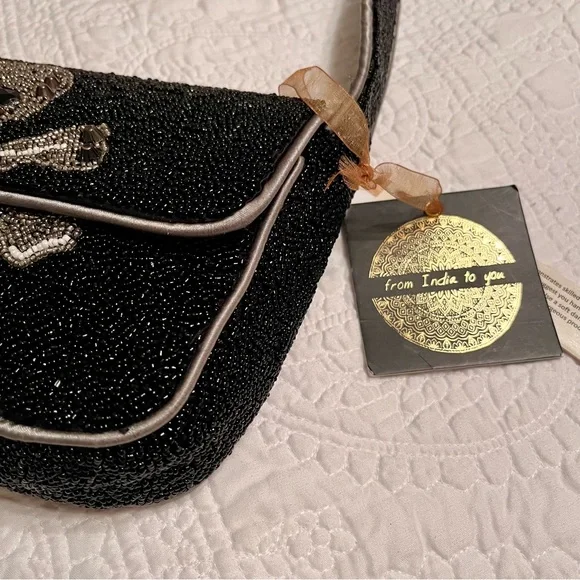 NWT Hand-Beaded Skull & Bones Purse Bag by From India To You, Black/Silver - Picture 3 of 17